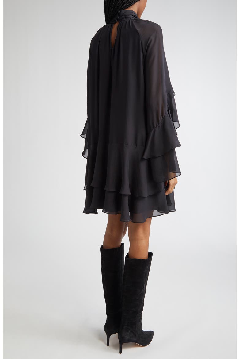 Adlington Ruffle Detail Long Sleeve Silk Chiffon Dress, Alternate, color, BLACK