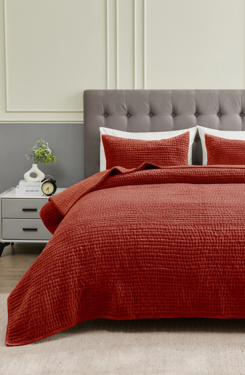 MELANGE HOME Tamara Velour Quilt 3-Piece Set, Alternate, color, Burgundy