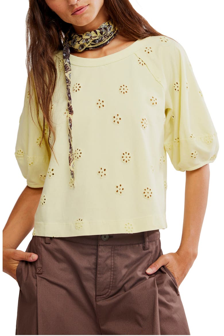 Jessie Eyelet Puff Sleeve Top, Main, color, LEMON WATER COMBO
