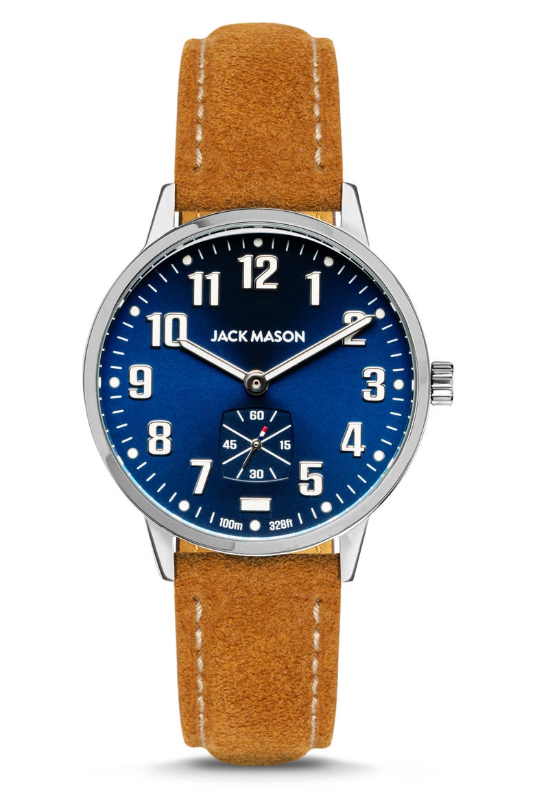 Field Sub Second Leather Strap Watch, 38mm, Main, color, NAVY/ BROWN