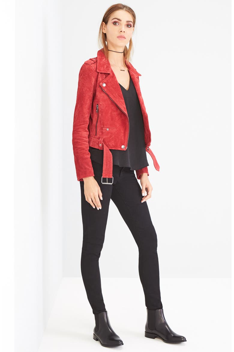 Morning Suede Moto Jacket, Alternate, color, RED MOON RED