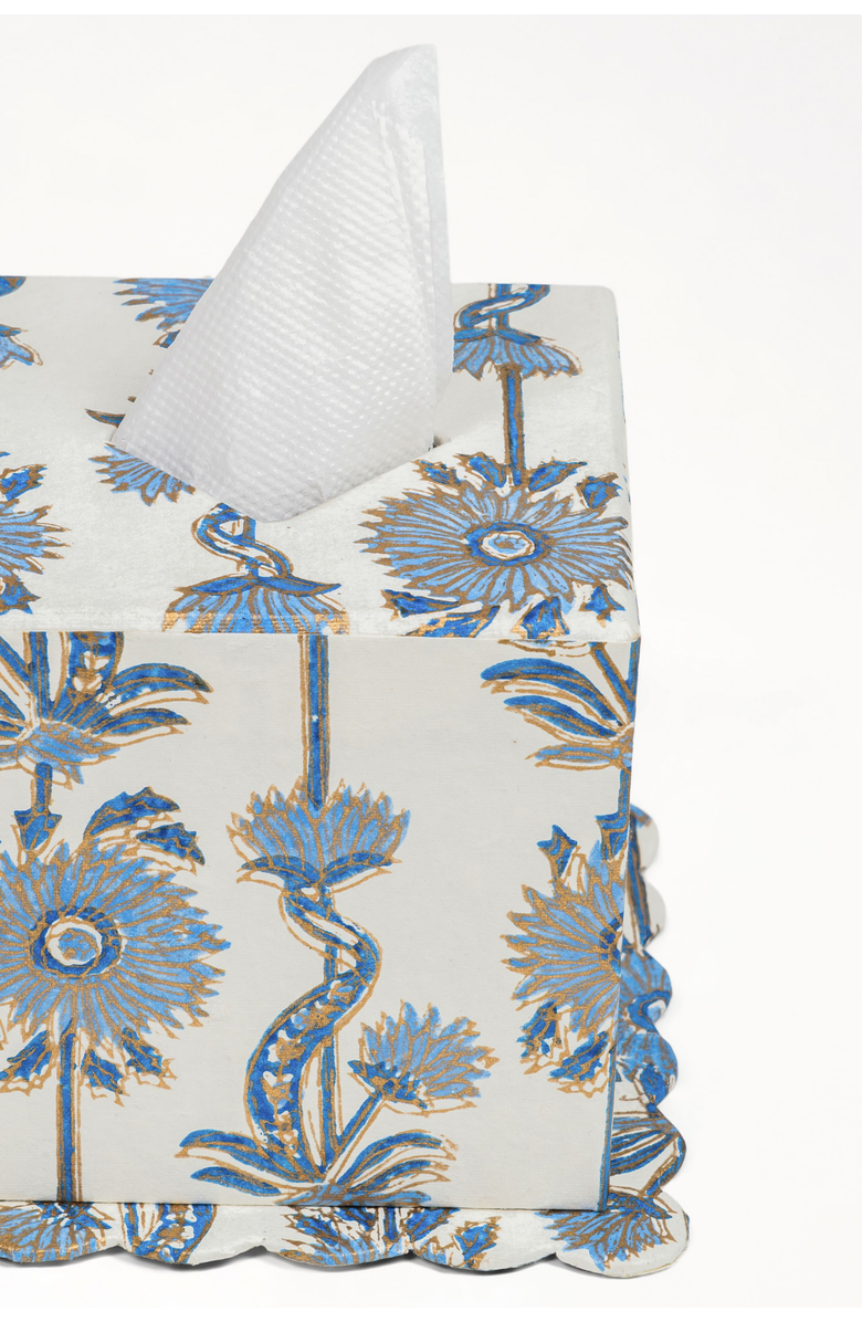 Inner Child Floral Vines Blockprint Scallop Tissue Box, Alternate, color, Blue