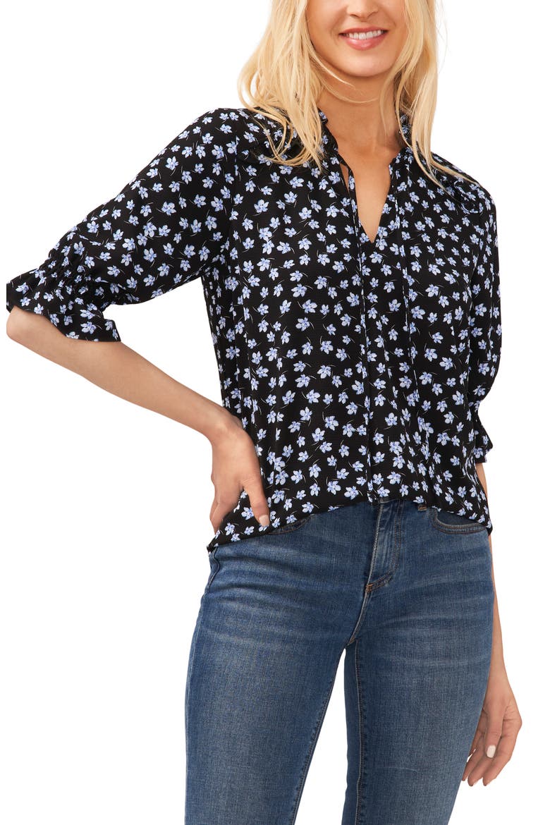 Floral Split Neck Blouse, Main, color, RICH BLACK
