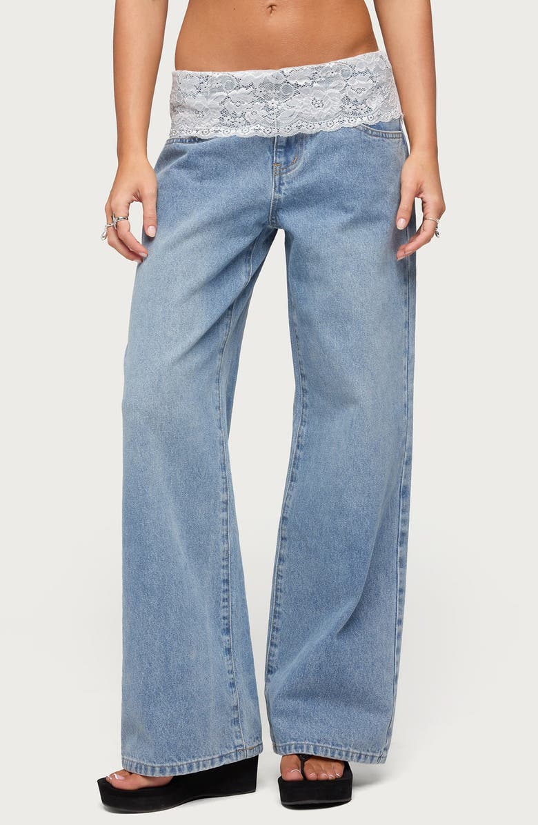 EDIKTED Lace Foldover Low Rise Baggy Pants, Main, color, Blue-Vintage-Washed