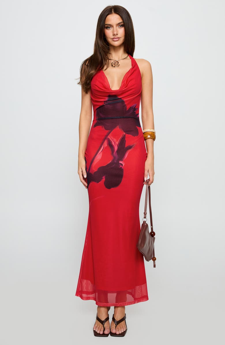 Princess Polly Bittersuite Floral Plunge Cowl Halter Neck Mesh Maxi Dress, Alternate, color, Red Multi