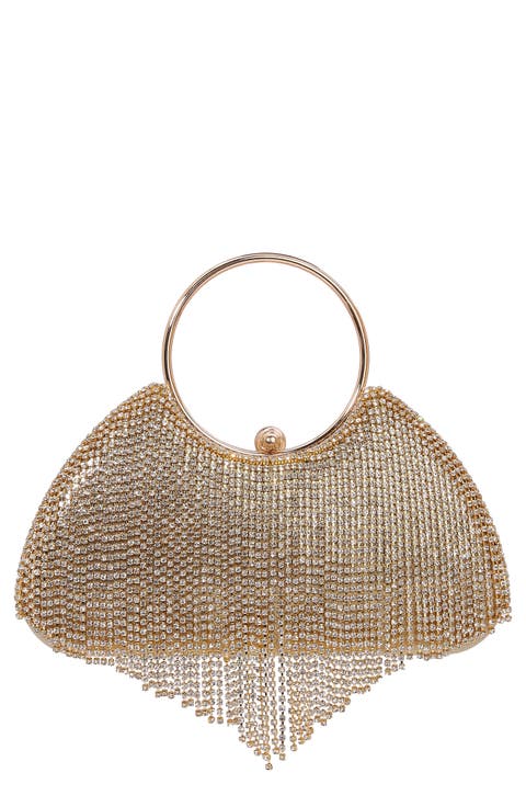 Circle Handle Rhinestone Fringe Clutch