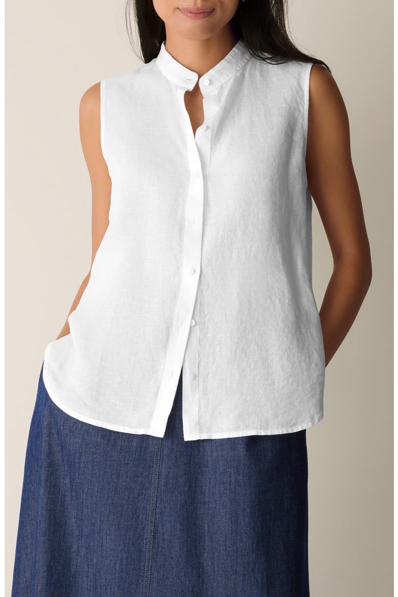 Sleeveless Linen Mandarin Collar Button-Up Shirt, Main, color, WHITE
