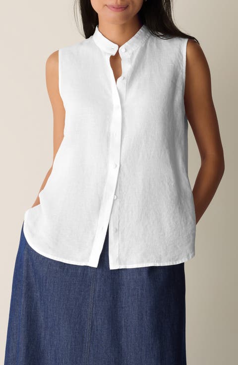 Sleeveless Linen Mandarin Collar Button-Up Shirt