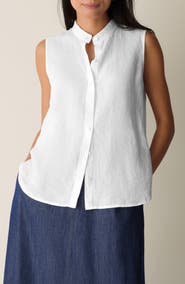 Eileen Fisher Sleeveless Linen Mandarin Collar Button-Up Shirt