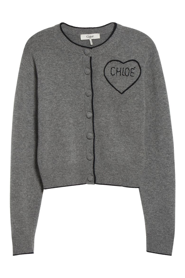 Embroidered Logo Crop Wool & Cashmere Cardigan, Alternate, color, DIVINE GREY