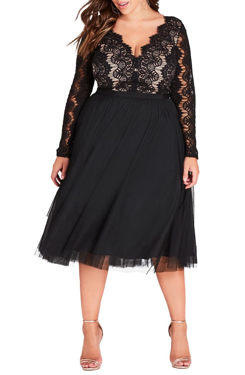 City Chic Rare Beauty Lace Fit & Flare Dress, Main, color, 