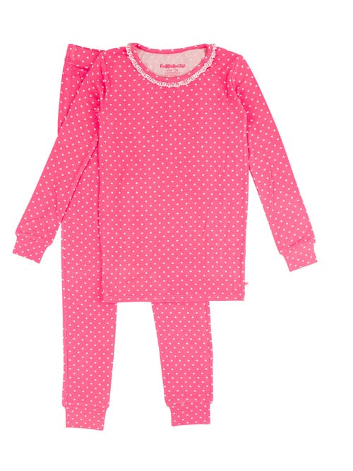 Rufflebutts Softsnooze Girls Ruffle Long Sleeve Pajama Set In Hot Pink Heart