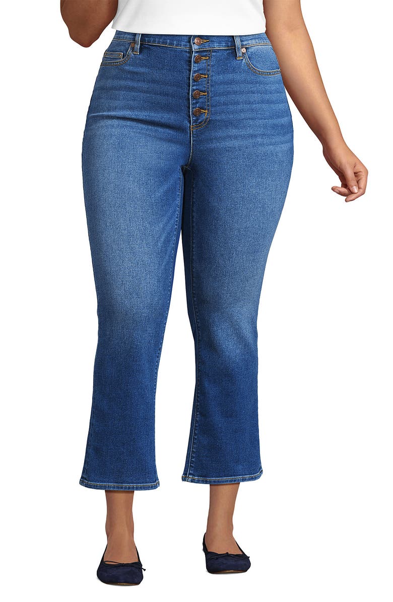 Lands' End High Rise Denim Button Front Kick Flare Crop Jeans, Main, color, Indigo Tide Blue