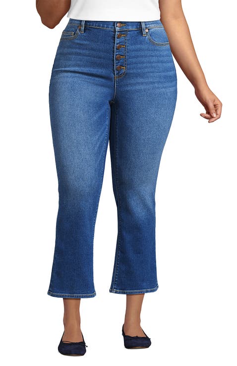 High Rise Denim Button Front Kick Flare Crop Jeans