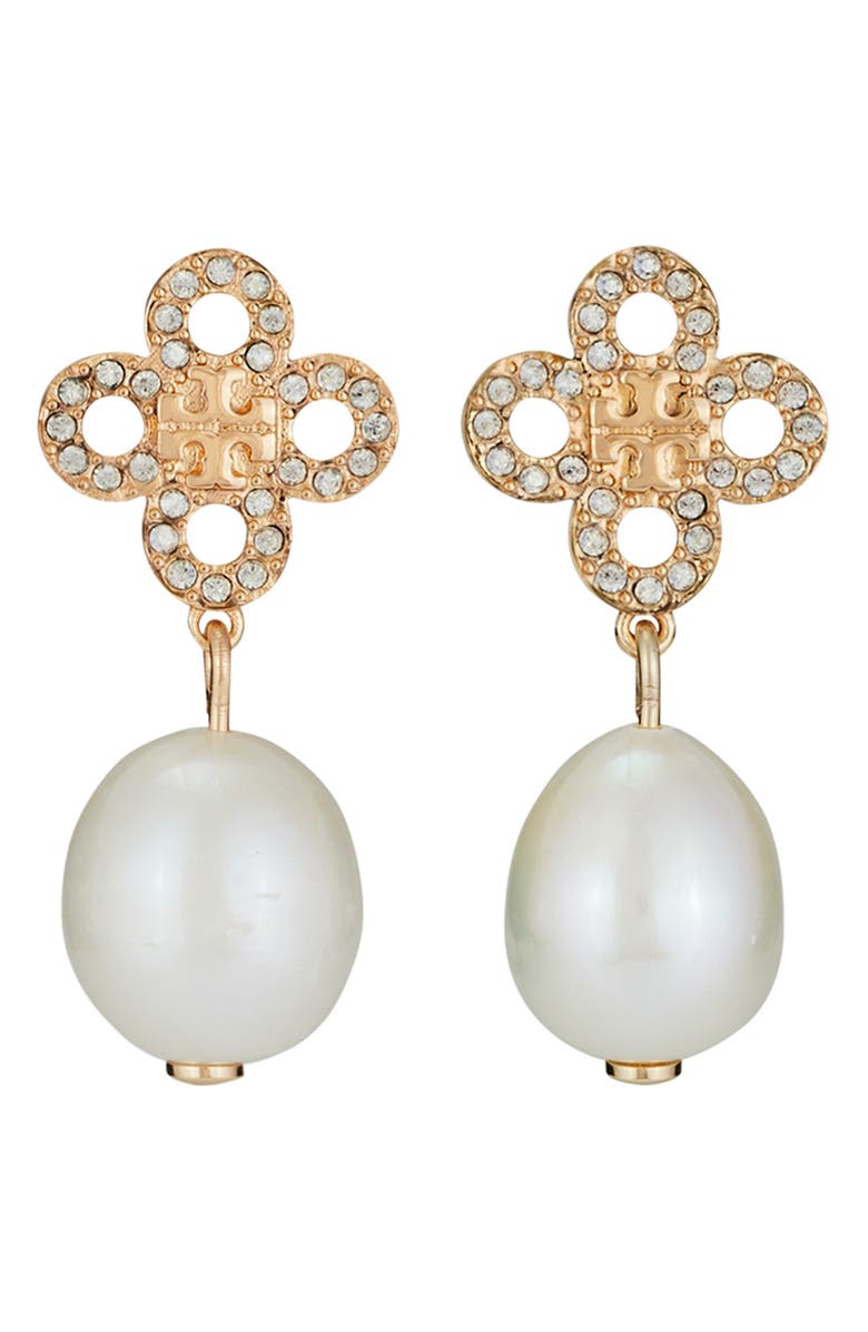 Tory Burch Kira Clover Cultured Pearl Drop Earrings, Main, color, 