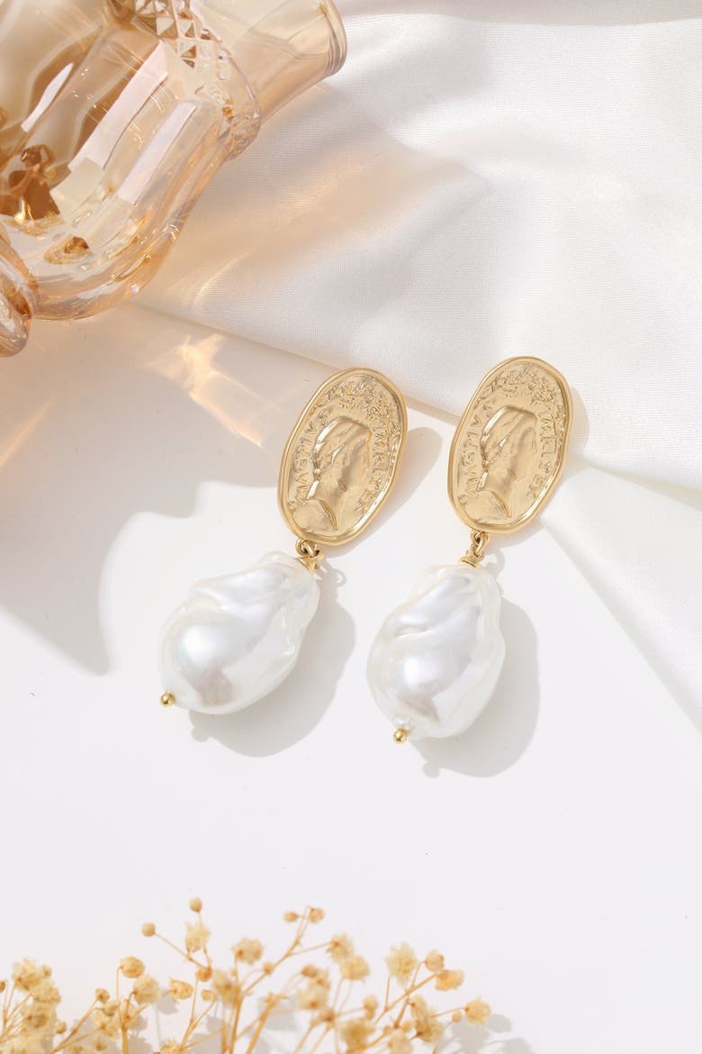Matted Gold Sculpted Oversized Baroque Pearl Drop Earrings, Alternate, color, Gold