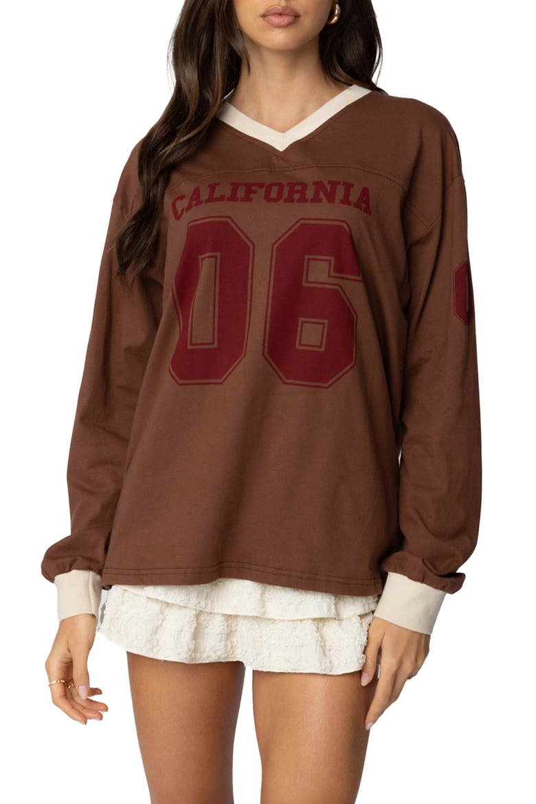 Cali 06 Oversize Long Sleeve Cotton Graphic Football T-Shirt, Main, color, BROWN