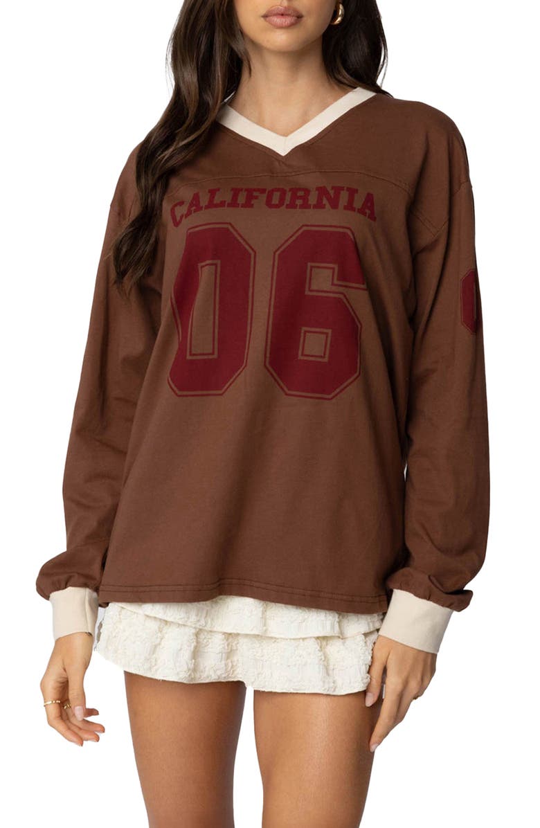 EDIKTED Cali 06 Oversize Long Sleeve Cotton Graphic Football T-Shirt, Main, color, Brown