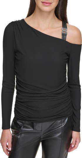 DKNY Women's Off-the-Shoulder Long Sleeve Knit Top - Boat Neck, Ruched Cuffs