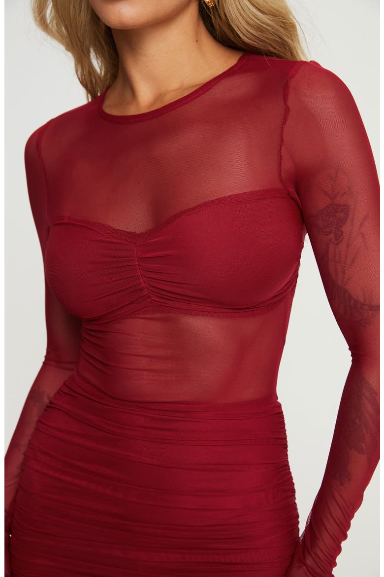 Hapstall illusion Mesh Long Sleeve Minidress, Alternate, color, DARK RED