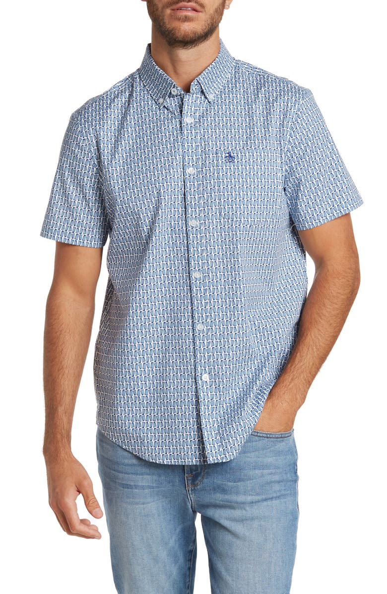 Original Penguin Geo Print Short Sleeve Shirt, Main, color, Faded Denim