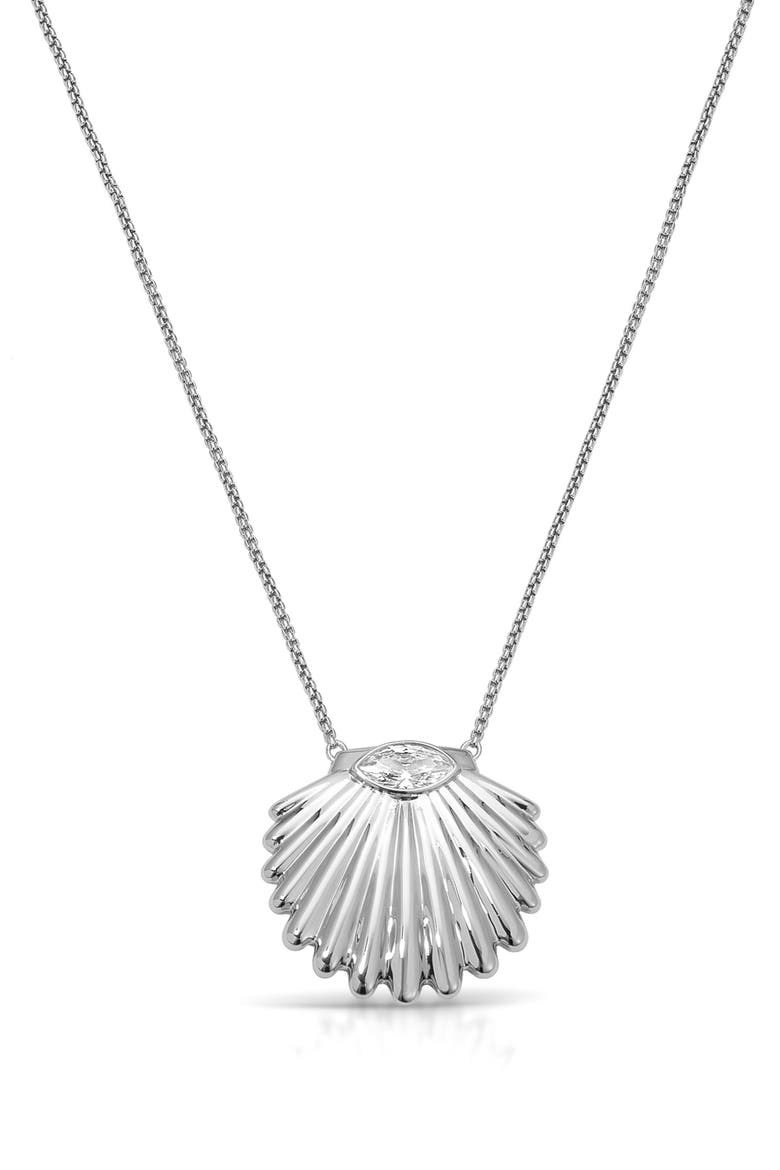 Cubic Zirconia Scalloped Shell Pendant Necklace, Alternate, color, SILVER