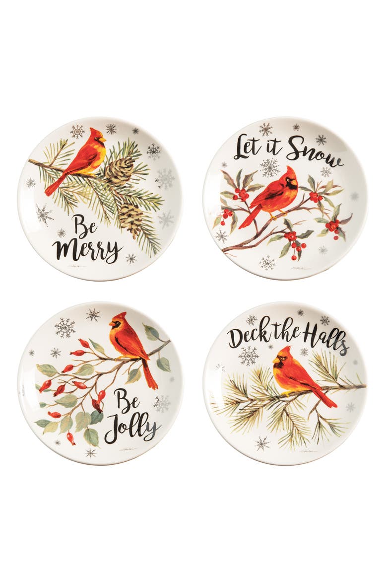 6" x 6" Holiday Sentiment Dolomite Round Dessert Plates Featuring Red Cardinals on Tree Branches Set Of 4, Main, color, White