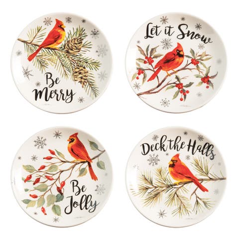 6" x 6" Holiday Sentiment Dolomite Round Dessert Plates Featuring Red Cardinals on Tree Branches Set Of 4