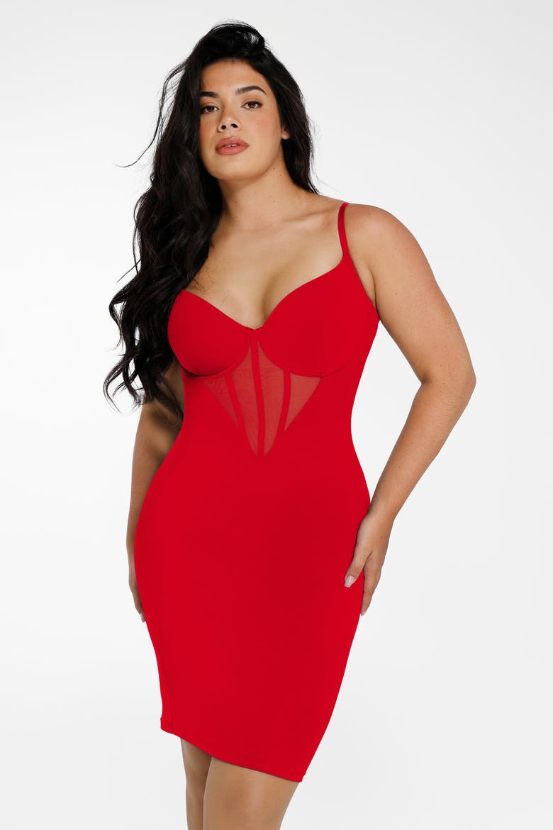 Shapewear Mesh Corset Panel Built-In Sculpting Midi Dress, Alternate, color, Bright red