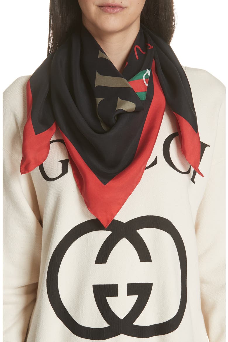 Coco Capitán Print Silk Scarf, Alternate, color, BLACK