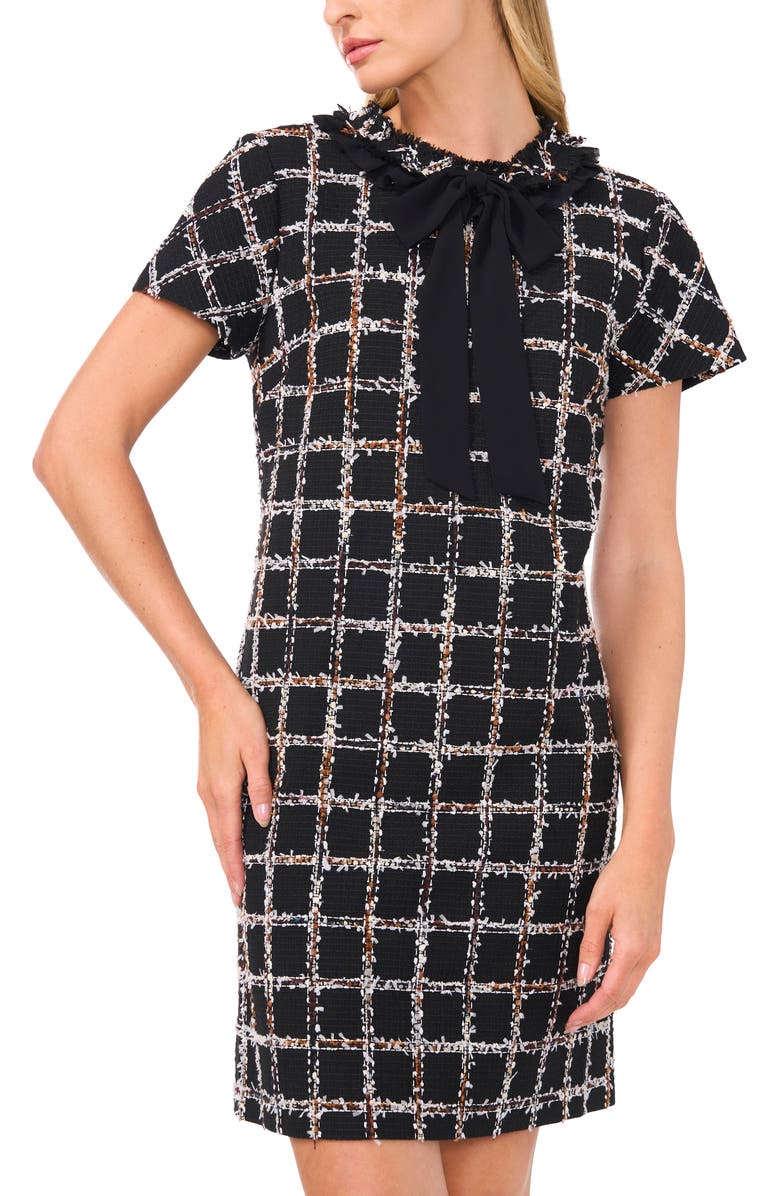 CeCe Tie Neck Plaid Textured Georgette Dress, Alternate, color, 