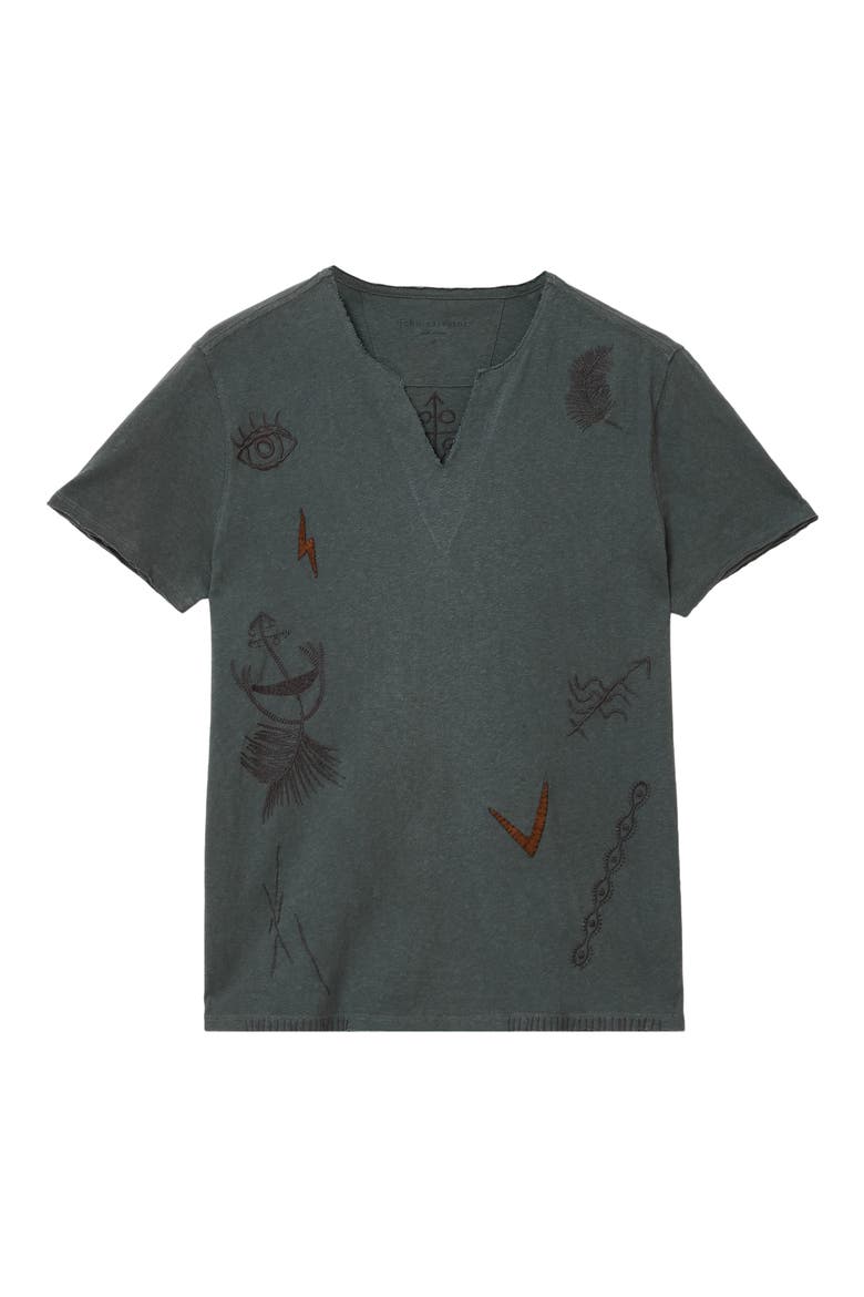 Embroidered Raw Edge Notch Neck Organic Cotton T-Shirt, Alternate, color, DRIED SAGE