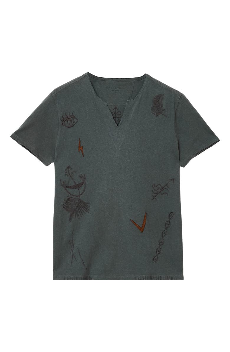 John Varvatos Embroidered Raw Edge Notch Neck Organic Cotton T-Shirt, Alternate, color, Dried Sage
