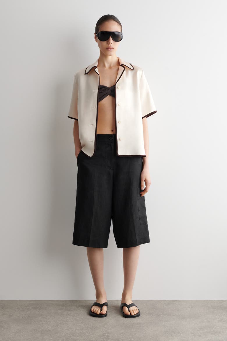 Contrast-piped Satin Shirt, Alternate, color, CREAM / BROWN
