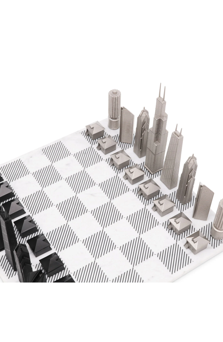 SKYLINE CHESS Chess Set Stainless Steel Chicago Edition with Marble Hatch Board, Alternate, color, White