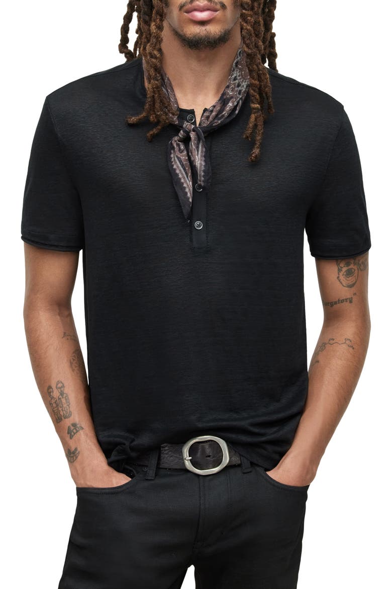 Regular Fit Short Sleeve Linen Henley, Main, color, BLACK