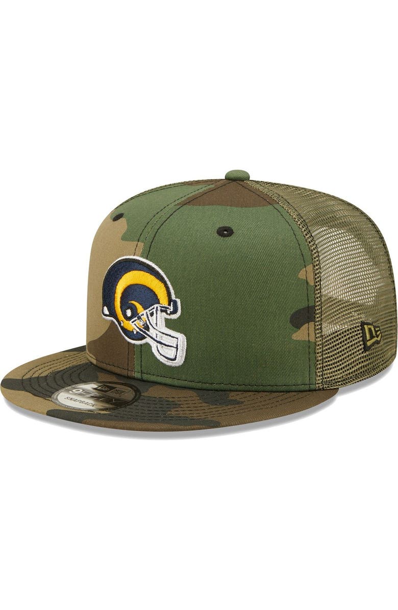 New Era Men's New Era Camo/Olive Los Angeles Rams Historic Logo Trucker 9FIFTY Snapback Hat, Main, color, 