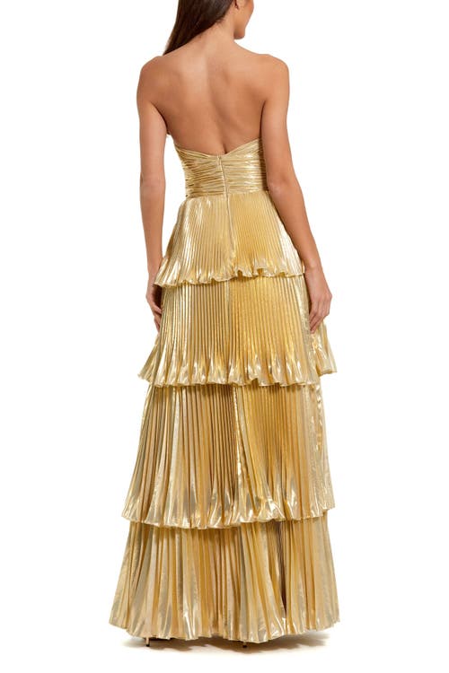 Mac Duggal High Neck Heat Pleated Tiered Ruffle Metallic Gown In Gold