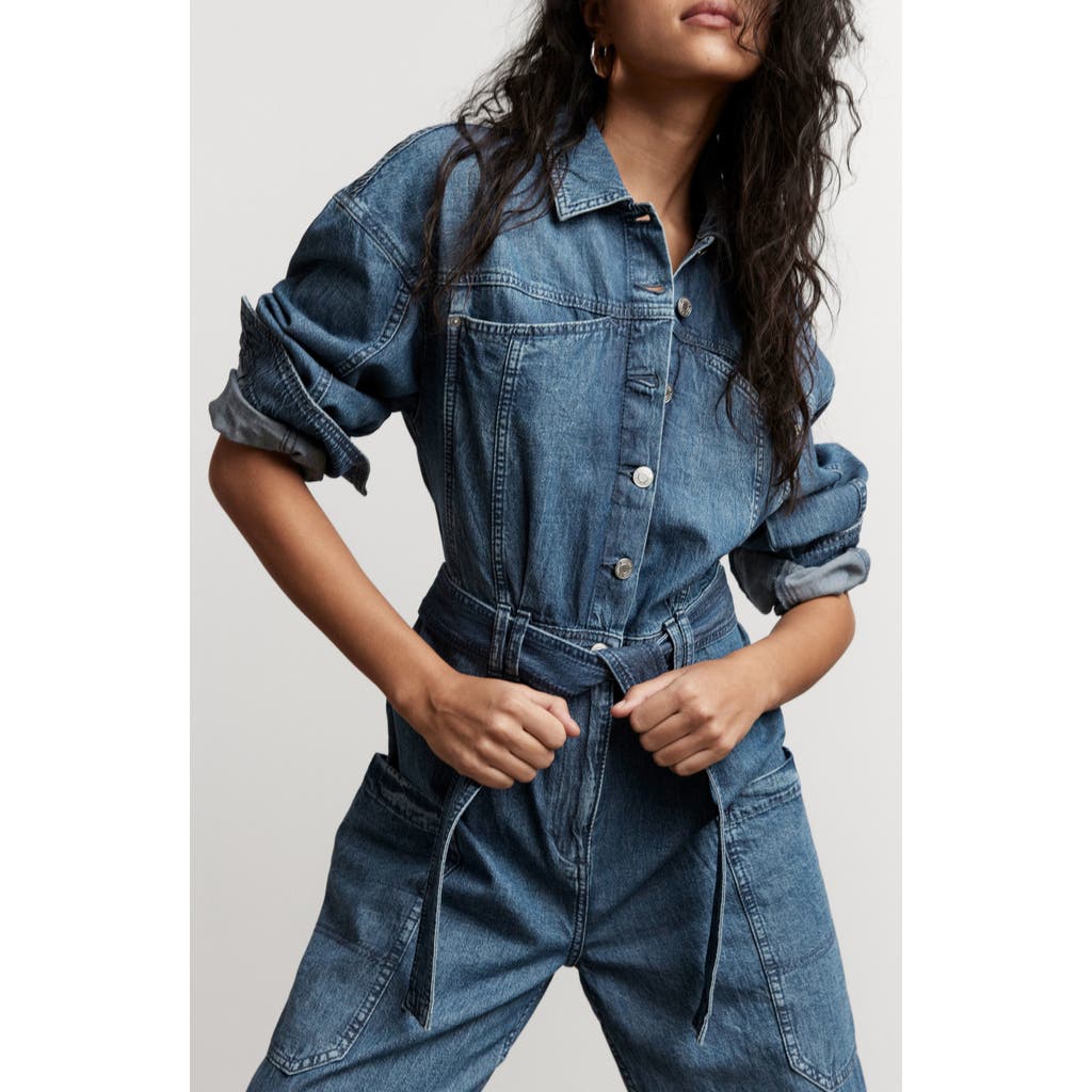 & Other Stories Long Sleeve Denim Jumpsuit In Blue Medium