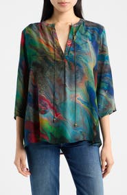 APNY Print Tassel Split Neck Chiffon Top