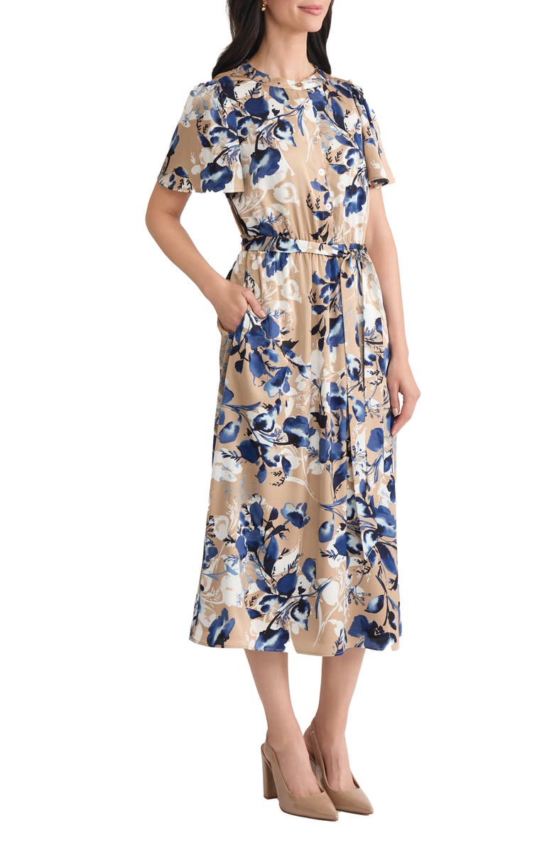 KASPER Print Flutter Sleeve Tie Waist Midi Dress, Alternate, color, Light Sand Multi