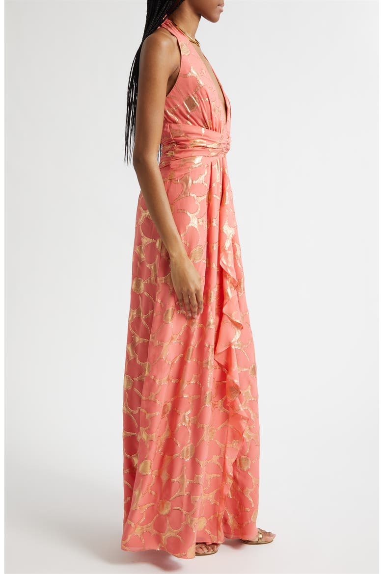 Stephanie Metallic Daisy Print Halter Gown, Alternate, color, CORAL JACQUARD