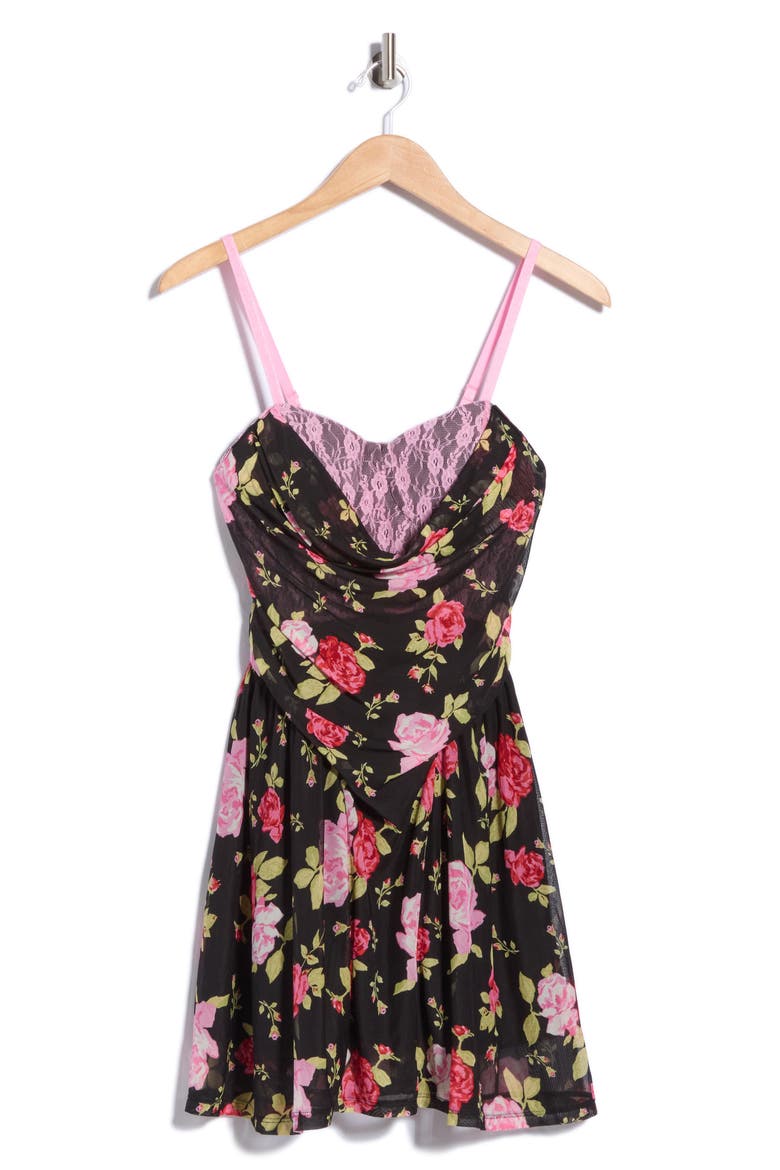 Cowl Neck Minidress, Main, color, BLACK ROSEY PRINT