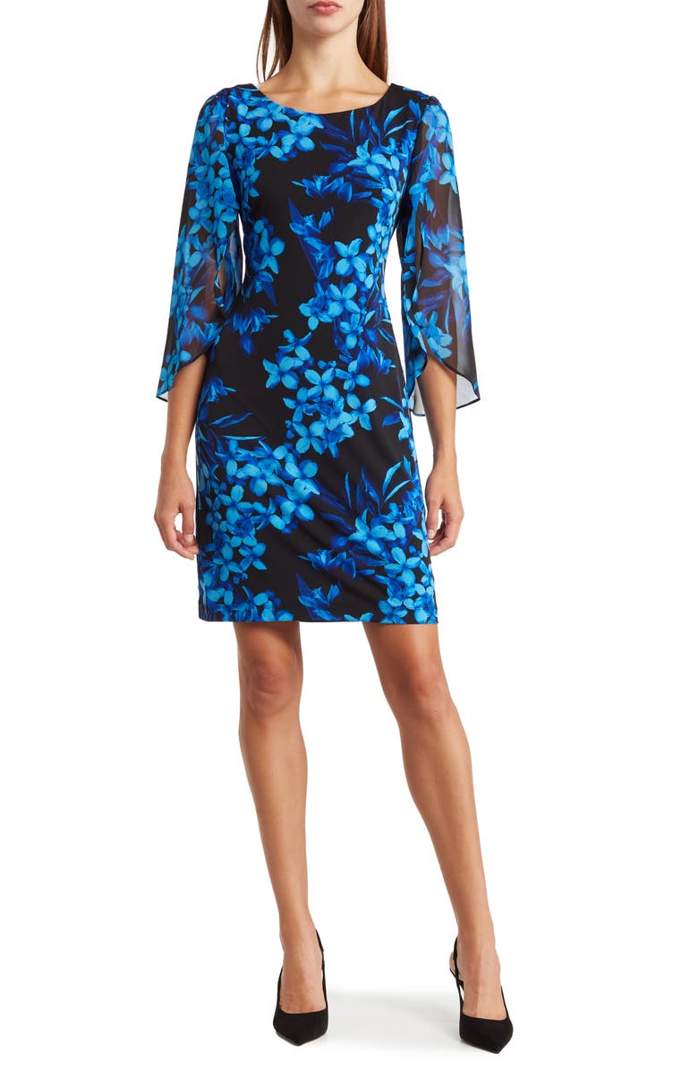 Connected Apparel Floral Cape Sleeve Dress, Main, color, 