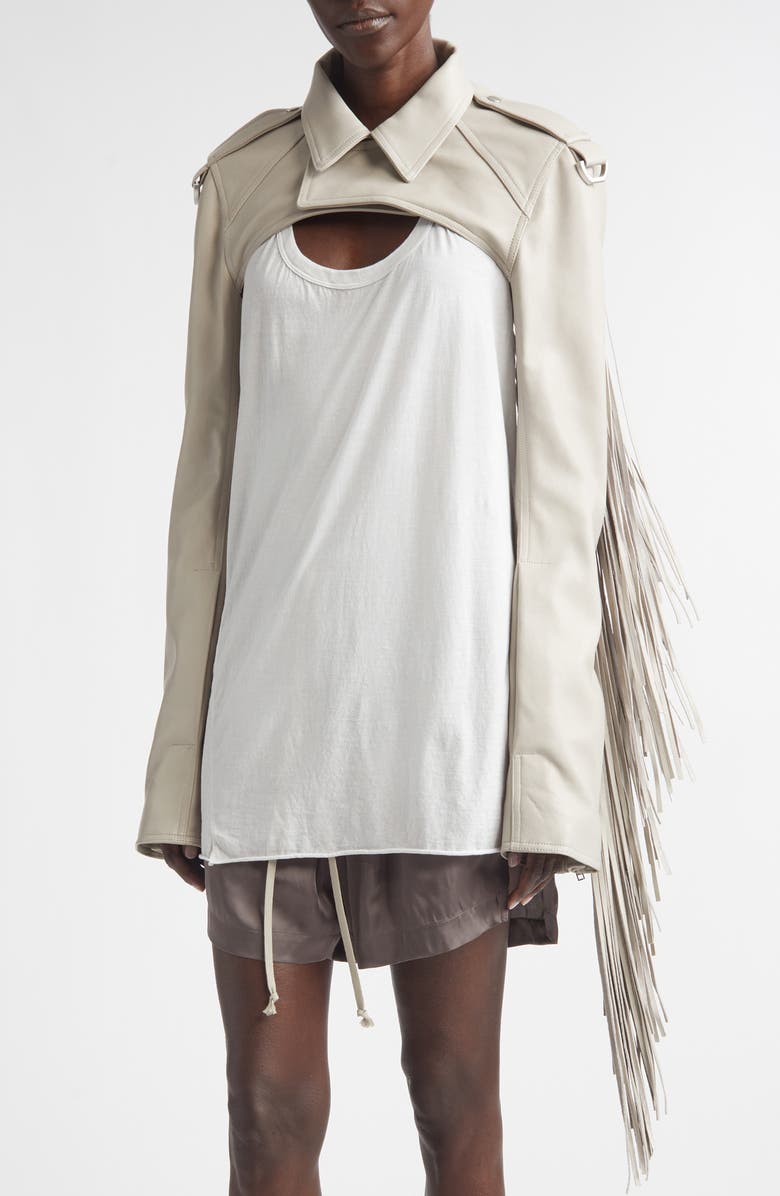 Rick Owens Fringe Leather Microbiker Jacket, Main, color, Pearl