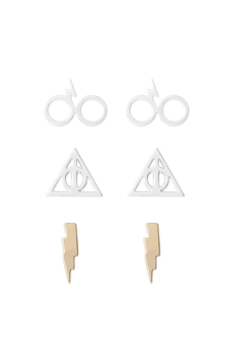 HARRY POTTER Deathly Hallows and Lightning Bolt Studs Earrings, 3-Pack, Main, color, Multi