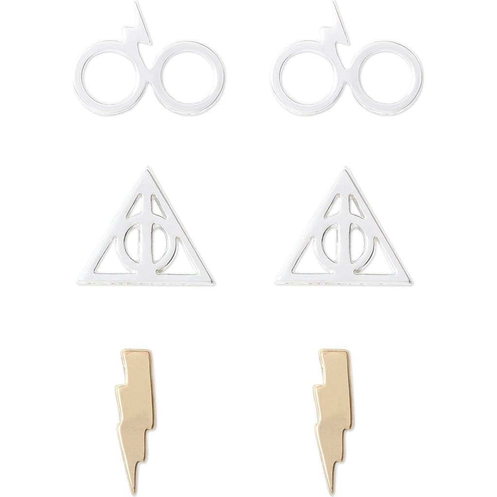 Harry Potter Deathly Hallows And Lightning Bolt Studs Earrings, 3-pack In Metallic