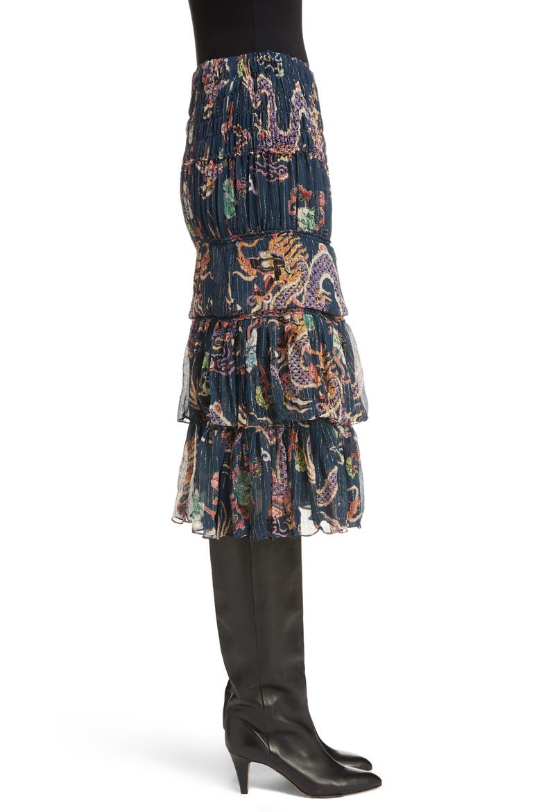 Zuki Tiered Dragon Print Silk Blend Skirt, Alternate, color, MIDNIGHT