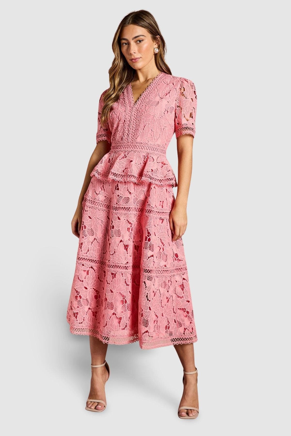 V Neck Tiered Lace Midi Dress