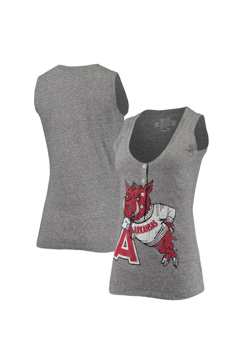 Women's Original Retro Brand Heathered Gray Arkansas Razorbacks Relaxed Henley Tri-Blend V-Neck Logo Tank Top, Main, color, Heather Gray